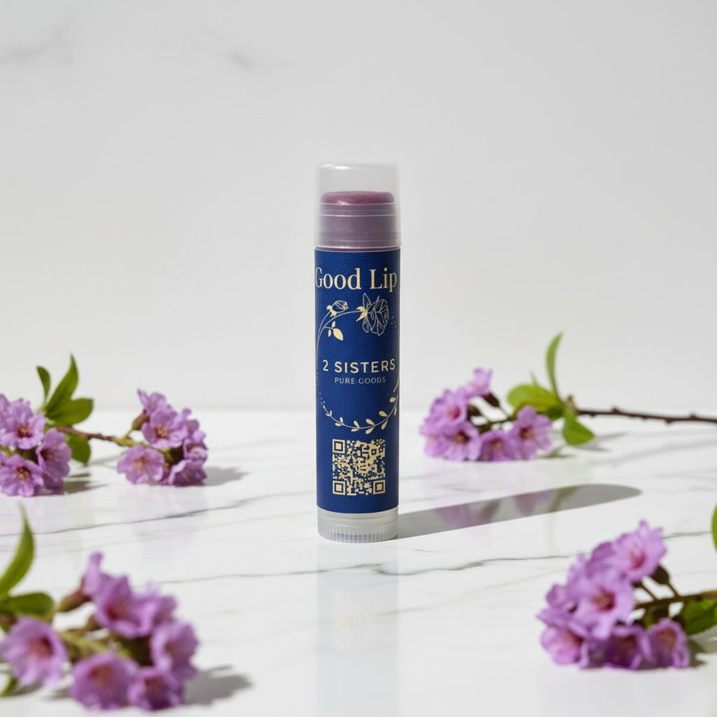 Good Lip tinted balm with purple flowers