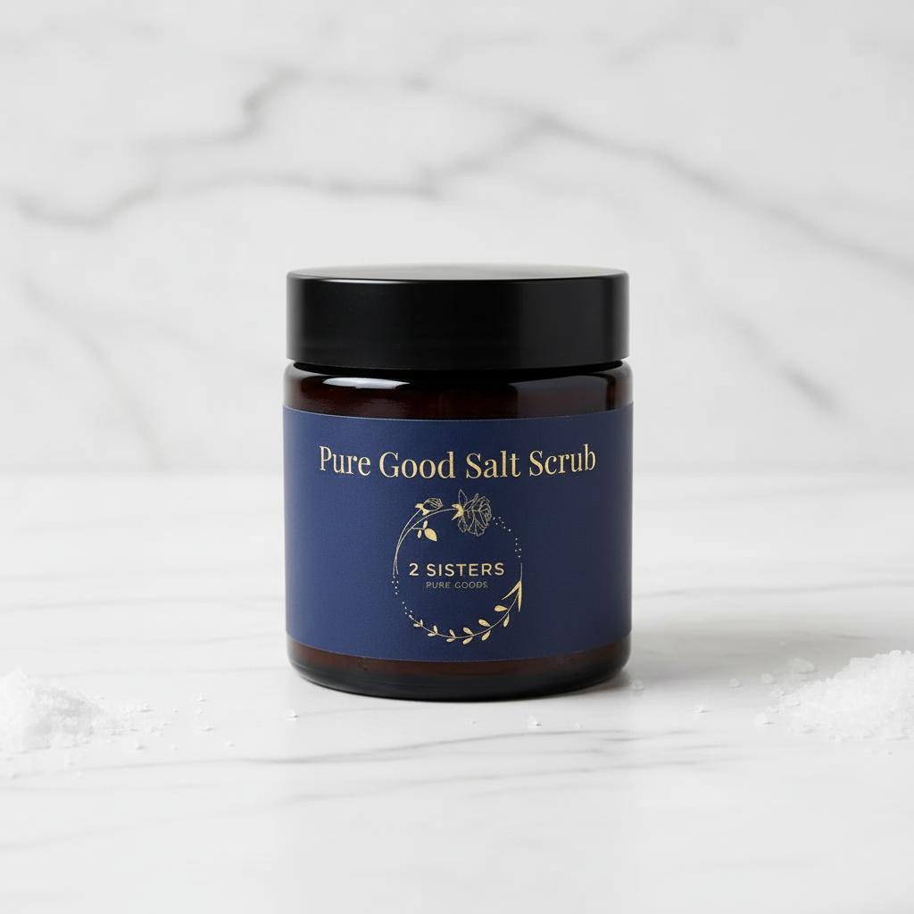 Pure Good Salt Scrub on white marble