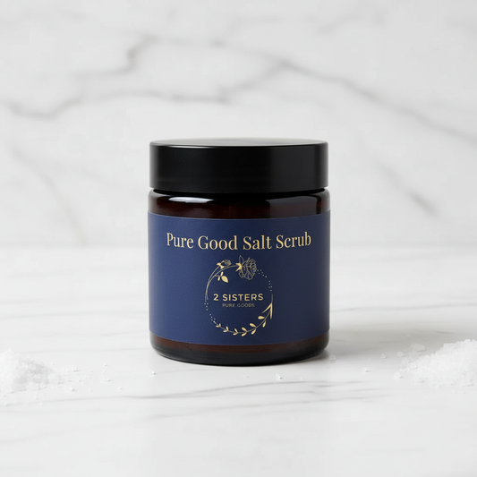 Pure Good Salt Scrub on white marble